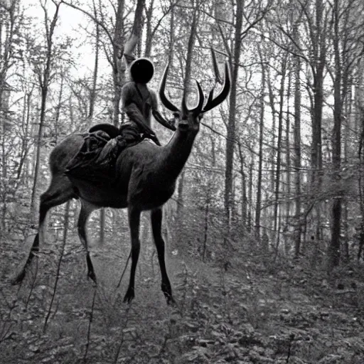 Image similar to alien riding on the back of a deer, grainy trail cam, black and white