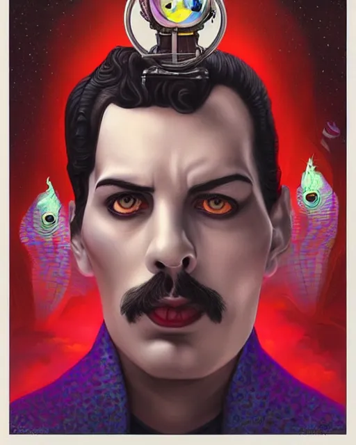 Prompt: lovecraft lovecraftian portrait of freddie mercury, pixar style, by tristan eaton stanley artgerm and tom bagshaw, retro future