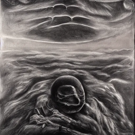 Image similar to surrealism charcoal painting of the end of the world., horror,