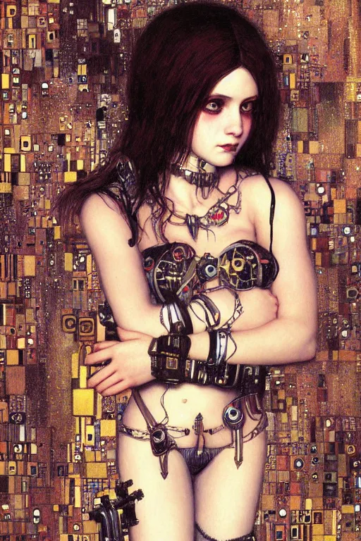 Image similar to portrait of beautiful young cute gothic maiden, cyberpunk, Warhammer, highly detailed, artstation, illustration, art by Gustav Klimt