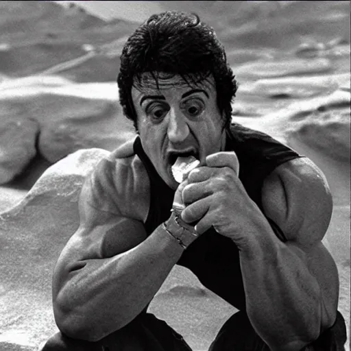 Image similar to sylvester stallone eating doritos sitting on a couch on mars