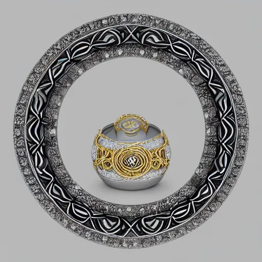 Image similar to intricate!! nordic ring and necklace and ear, silver and gold and diamond, isolated on a white background and a flower in the background, refraction, occlusion, filigree, lower and upper levels, keyshot render, octane render, vray render