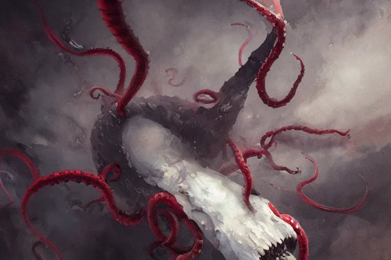 Prompt: painting by greg rutkowski of a flying chalk white head, with tentacles coming of the neck, red eyes, flying in a terrying hell like cavernous place