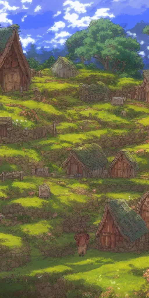 Prompt: anime screenshot wide-shot landscape hobbit village, Shire, beautiful ambiance, golden hour, studio ghibli style, by hayao miyazaki, sharp focus, highly detailed,