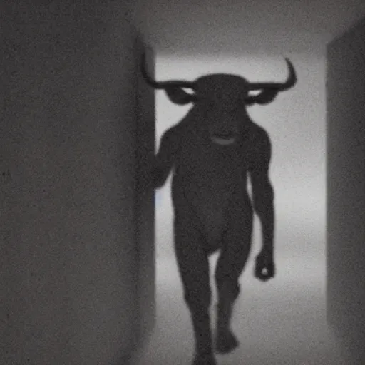 Image similar to hi - 8 night vision camera footage of a barely visible minotaur with red eyes in a dark hallway