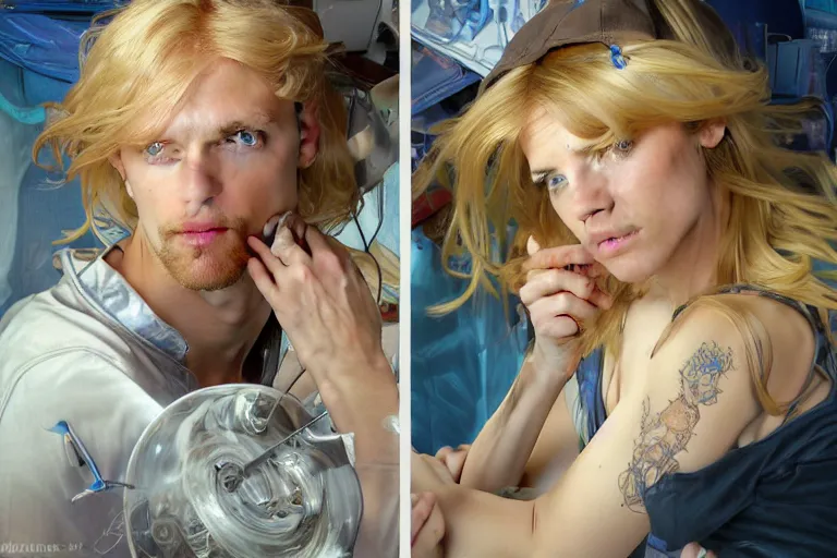 Image similar to a computer graphics artist man with blonde hair, blue eyes, a ballcap in a messy room at the computer animating, ultra realistic, concept art, intricate details, serious, highly detailed, photorealistic, octane render, 8 k, unreal engine. art by artgerm and greg rutk owski and alphonse mucha