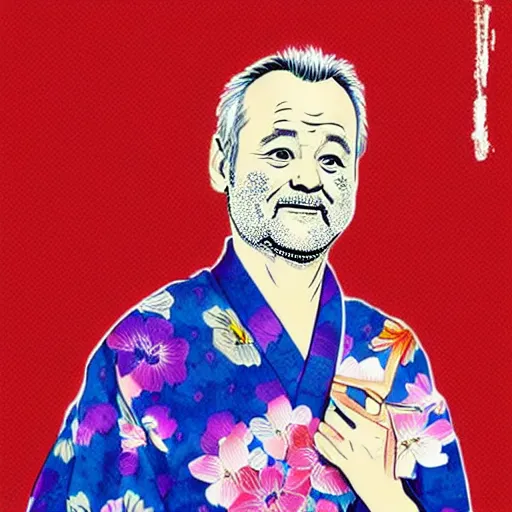 Image similar to bill murray, wearing kimono, by artgerm, cherry blossom falling, nagel