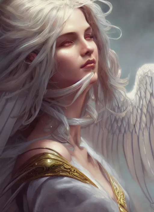 Image similar to close up portrait of beautiful angel, d & d, face, fantasy, intricate, elegant, highly detailed, digital painting, artstation, concept art, smooth, sharp focus, illustration, art by artgerm and greg rutkowski and alphonse mucha