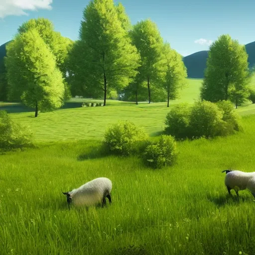 Prompt: A beautiful, serene landscape of a rolling green hill and a river running through it, with a few sheep grazing in the distance, rendered in unreal engine 4, with a 4k resolution and a beautiful bloom effect.