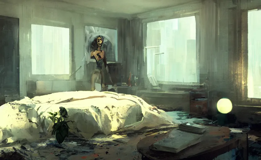 Image similar to a stylish studio apartment interior, messy bed, house plants, painting by Craig Mullins, octane rendering, warm moody lighting, wide angle lens, low view, in the style of blade runner, trending on artstation, 8k,