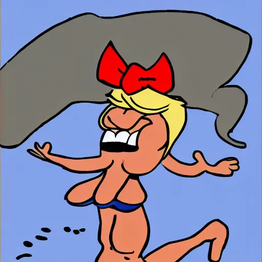 Image similar to person is laughing and pointing at donald trump in a swimsuit. detailed ms paint drawing.