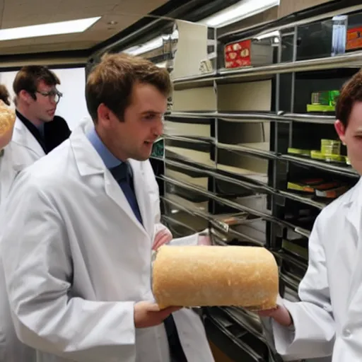 Image similar to chemists in white coats are eating a giant roll.
