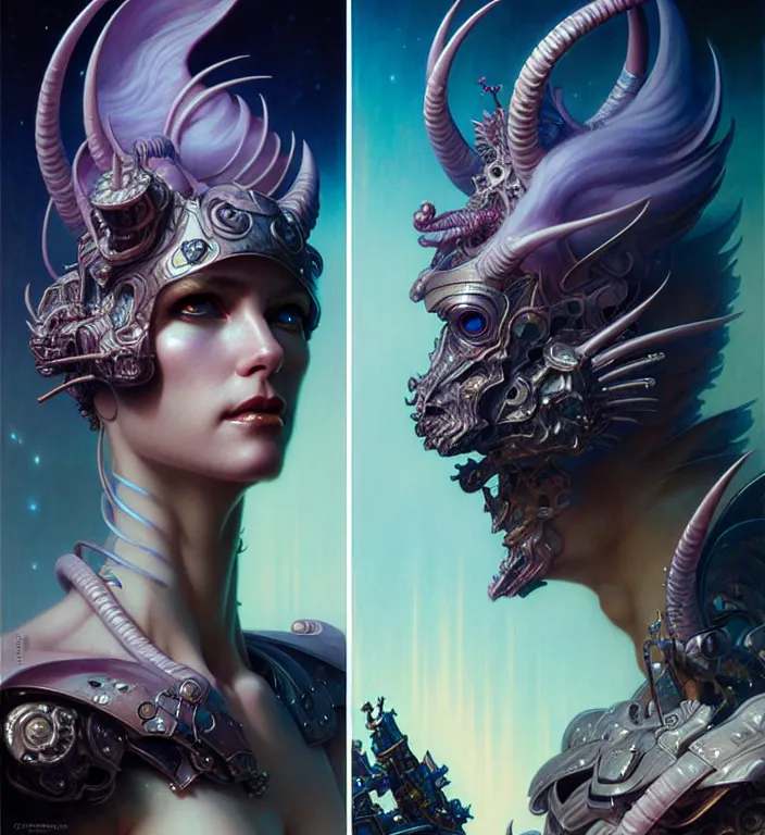 Image similar to beautiful gemini fantasy character portrait, ultra realistic, wide angle, intricate details, blade runner artifacts, highly detailed by peter mohrbacher, hajime sorayama, wayne barlowe, boris vallejo, aaron horkey, gaston bussiere, craig mullins