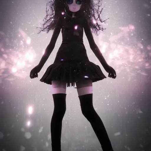Image similar to photorealistic full body shot of masterpiece angry darkness anime girl, beautifull lovely eyes, electric aura with particles, snowing, darkness background, inspired by tim burton, detailed, unreal engine 4 k, volumetric light, fog