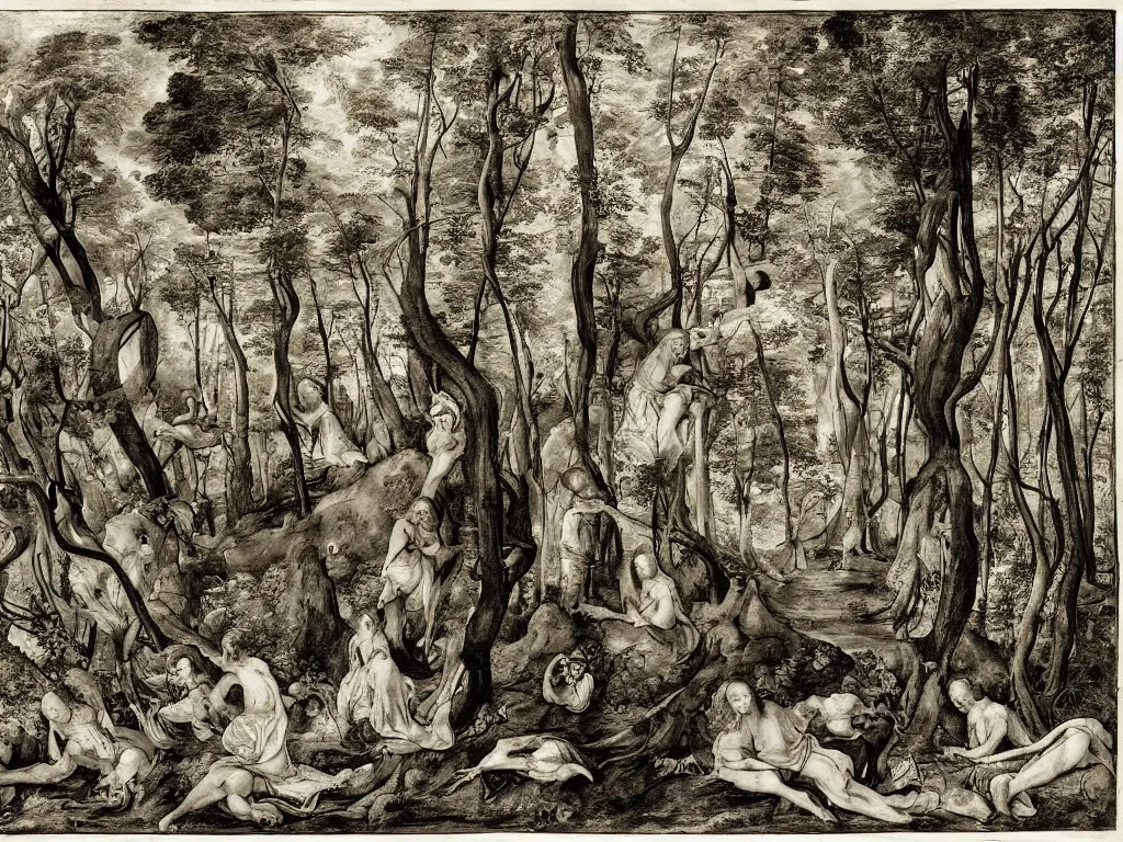 Image similar to illustration of forest, by anthony van dyck, artstation, by aubrey beardsley, by ben enwonwu, by caspar david friedrich, by hieronymus bosch, by ivan shishkin, calligraphy, divine, paradox, array, translucent, lace, mycelium, as symbol of a soul journey