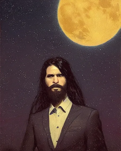 Image similar to portrait of a man with long black hair and beard holding a bird, full moon in the background, fine portrait, beautiful, concept art, by greg rutkowski, by jean delville