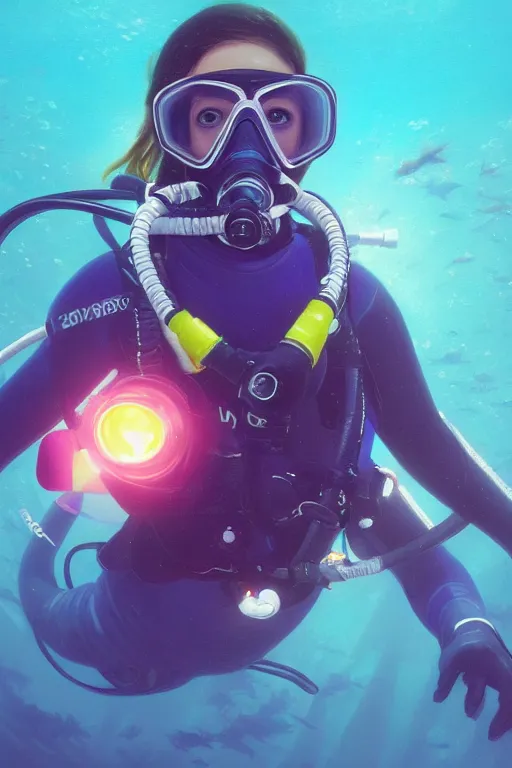 Image similar to a portrait of a cute female scuba diver, underwater setting, vivid colors, soft lighting, atmospheric, cinematic, moody, in the style of artgerm and greg rutkowski, oil on canvas, 8 k