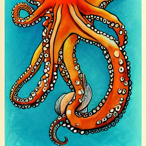 Image similar to octopus wrapped around a mermaid pinup, drawing