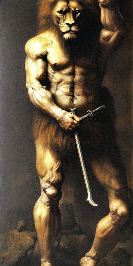 Prompt: oversized muscular lion as barbarian ninja hunter human legs full body portrait pose , very textured detailed oil painting by rembrandt , hard backlight , in dark cave