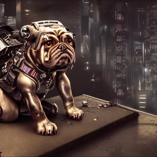 Image similar to « a cartoon cyborg bulldog sitting down, cyberpunk art by grillo demo, cgsociety, 2 d art, future tech, made of liquid metal, sketchfab »