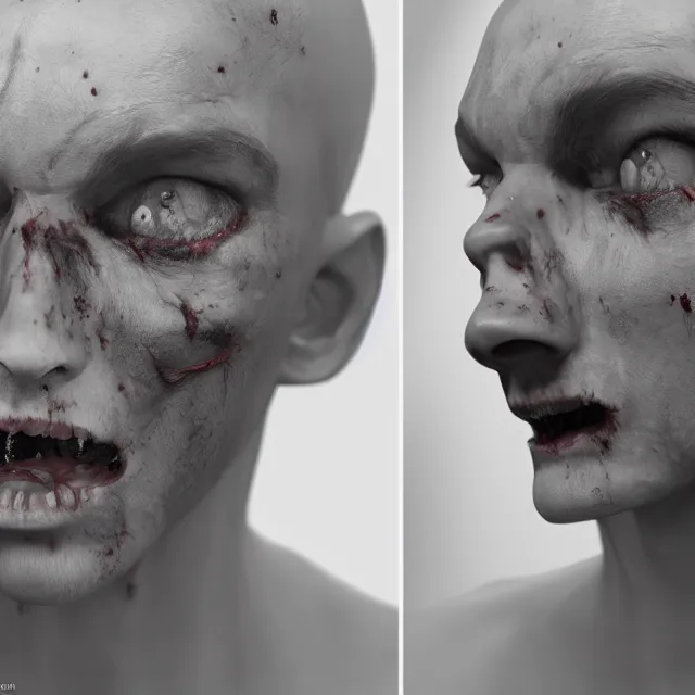 Image similar to hyper realistic portrait zombie cinematic, full head and shoulders, redshift, vray, octane