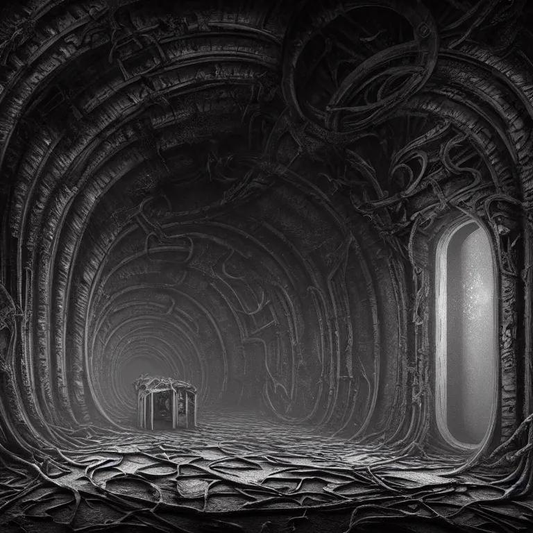 Prompt: surreal dark tunnel inside abandoned ancient alien spaceship covered with ribbed spinal tubes, organic flesh meat, surreal abandoned buildings, dream-like heavy atmosphere, baroque painting, beautiful detailed intricate insanely detailed octane render trending on Artstation, 8K artistic photography, photorealistic, volumetric cinematic light, chiaroscuro, Raphael, Caravaggio, Beksinski, Giger