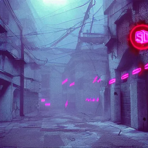 Image similar to silent hill foggy synthwave town ruins neon red and blue shadows dark scary giant evil scary red pyramid head covered in glowing runes lens flares shadow distortion cyberpunk splatterpunk 8 0 s nightmare