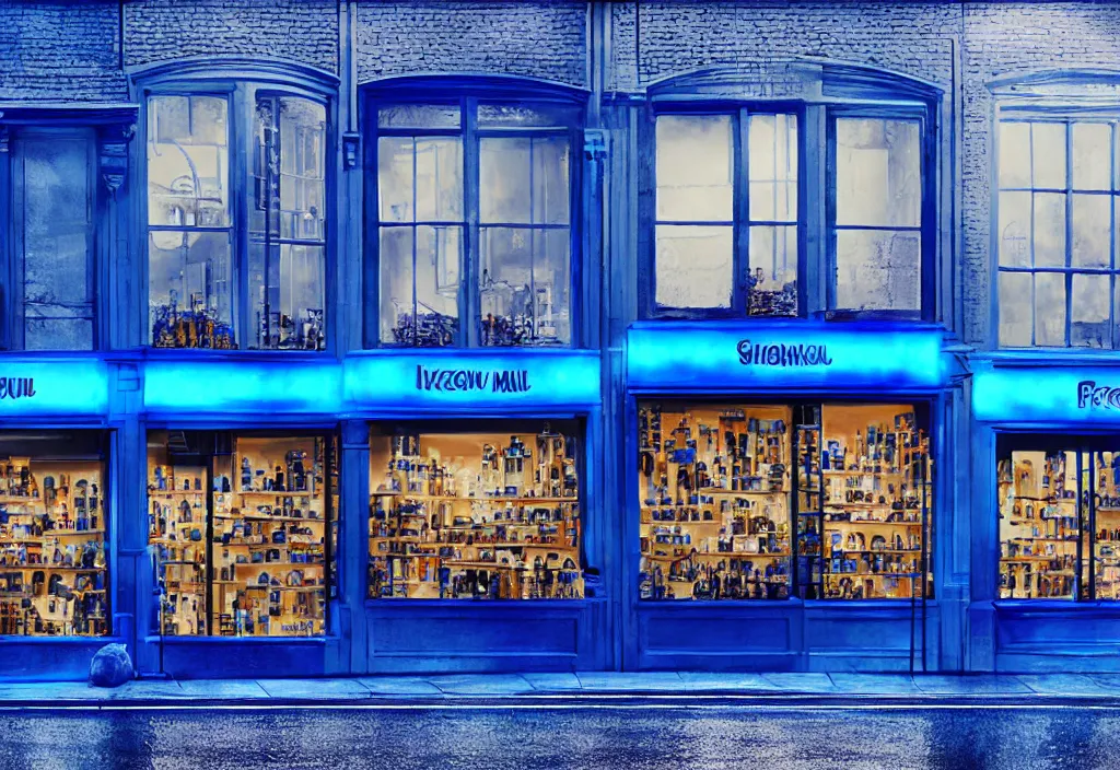 Prompt: old shopfront with blue wax lava lamps in the windows on shelves, the blue glow softly illuminating a wet road, 2 - point perspective from the street, photoreal octane render, night, detailed illustration