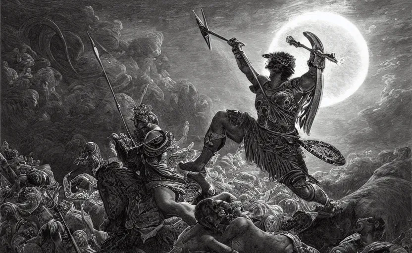 Image similar to highly detailed and cinematic romantic the great greek warrior with a spear piercing the edge of the universe, symmetrical face, magical, greek myth, masterpiece, from the book of the long sun by gene wolfe, highly detailed painting by gustave dore