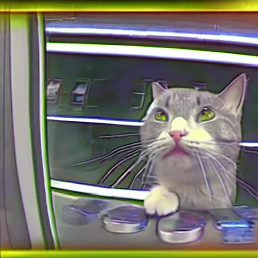 Prompt: gas station cctv footage of cat in a tank