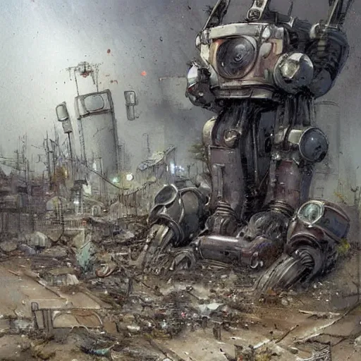 Image similar to cluttered science fiction robot wrecking yard. muted colors. by Jean-Baptiste Monge !!!!!!!!!!!!!!!!!