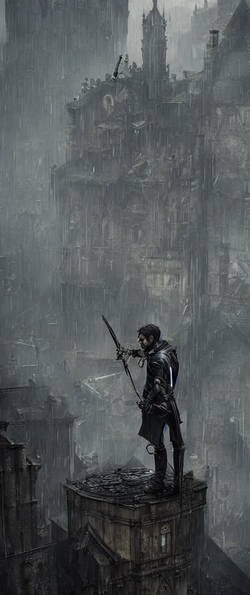 Prompt: Corvo Attano on the roof of a gothic house, Dishonored aesthetic, cinematic lighting, rainy weather, melancholy atmosphere, artstation, Dunwall city, gothic architecture, volumetric light, octane render, Dishonored game, Dishonored 1, depression and despair