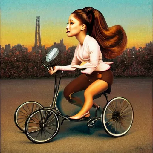 Prompt: ariana grande on a tricycle, lowbrow painting by mark ryden