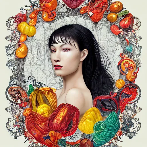 Image similar to the portrait of a beautiful, sophisticated, and elegant young woman made up of peppers, an ultrafine detailed illustration by james jean, intricate linework, bright colors, final fantasy, behance contest winner, vanitas, angular, altermodern, unreal engine 5 highly rendered, global illumination, radiant light, detailed and intricate environment