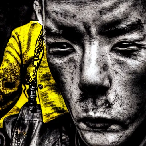 Prompt: portrait old samurai defiant hero, cyberpunk, vibrant yellow colors, surreal, french baroque style by alexander mcqueen, hyper detailed, realistic cinematic, voigtlander photography, leica 1 9 2 0, black and white, mystical,