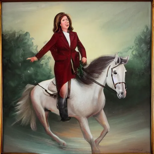 Image similar to young nancy pelosi riding a white horse through a very heavy rain, painting