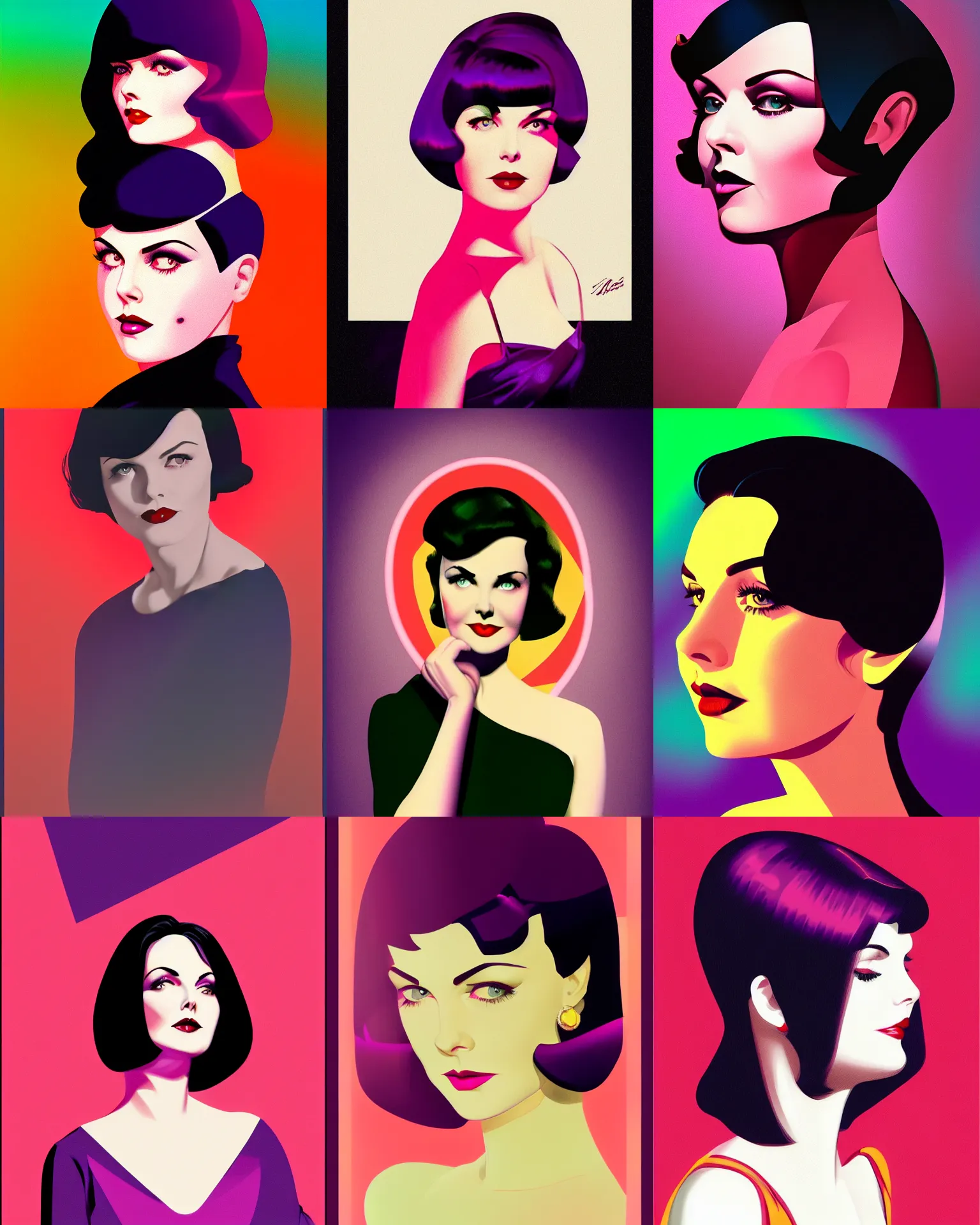 Prompt: sherilyn fenn 2 6 years old combined with mary louise brooks, bob haircut, portrait by stanley artgerm, dramatic lighting, ilya kuvshinov, trending on artstation, flat colour, geometric curves, gradient filter, red and purple and neon yellow back light, art deco pattern