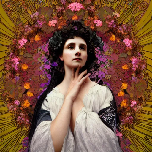 Prompt: A Black background portrait of An angel in a dress made of flowers by greg rutkowsk and alphonse mucha,In style of digital art illustration,Rembrandt lighting,Ray tracing,hyper detailed,sharp focus,Soft light.trending on artstation.4k