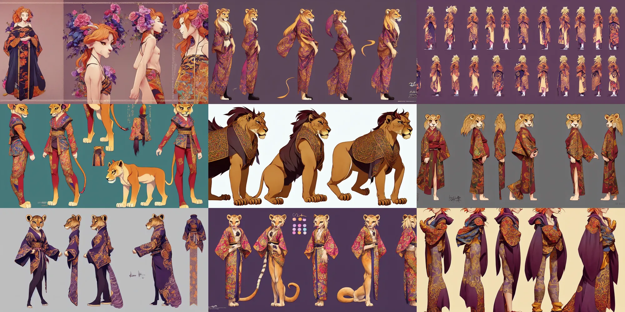 Prompt: beautiful full body portrait of a strong female anthropomorphic lioness fursona wearing an ornate kimono. character reference sheet with front, back and side profiles. character design by disney, anime, manga, charlie bowater, ross tran, artgerm, and makoto shinkai, detailed, soft lighting, rendered in octane