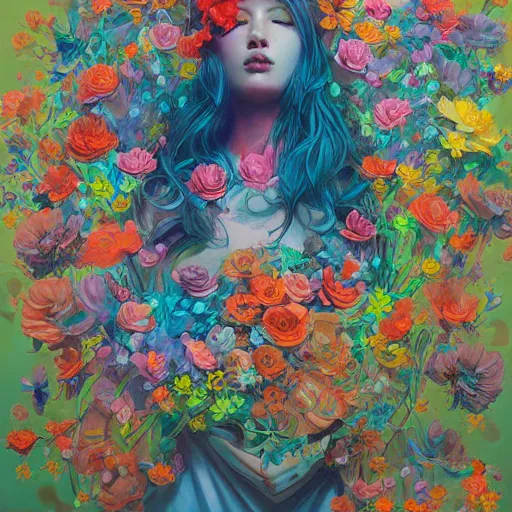 Prompt: a bouquet of colorful flowers, flowers with very long petals,night, hard light and long shadows, neon glowing, vivid, detailed painting, by James Jean and Ross Tran, masterpiece, award winning painting