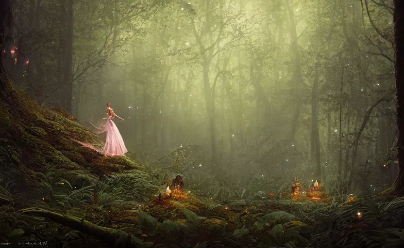 Image similar to a joyful fairy queen, in a dark forest, telephoto, rule of thirds, symmetry, beautiful, magical, fireflies, mysterious matte painting by greg rutkowski and marc simonetti and ivan shishkin, 4 k