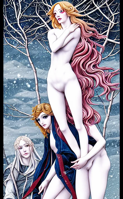 Image similar to allegory of Winter, as 3 figures, (Representing the 3 months of December, January, and February), in a mixed style of Botticelli and Æon Flux, inspired by pre-raphaelite paintings, shoujo manga, and Harajuku street fashion, sparse frozen landscape, dark and moody colors, hyper detailed, stunning inking lines, dramatic lighting, 4K photorealistic