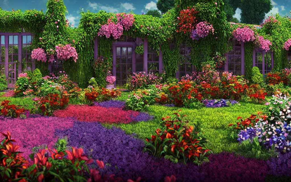 Prompt: a sprawling garden with many flowers and vines, greenhouse!, pathways, sunny day, beautiful lighting, vivid colors!, highly detailed, cinematic, octane render, 4 k, trending on artstation, deviantart featured