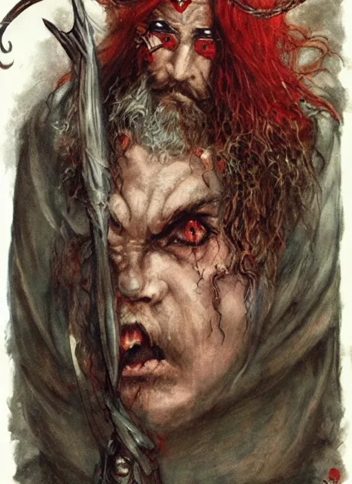Prompt: portrait of one eyed wizard, beautiful! coherent! dungeons and dragons character, by brian froud, strong line, deep color, chainmail, short red hair, high contrast