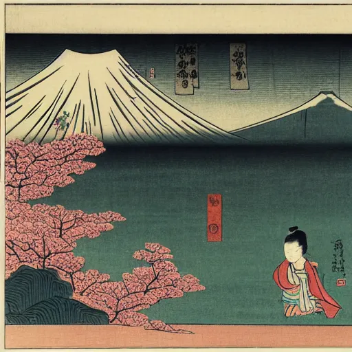 Prompt: baby yoda fighting in front of Mt Fuji, cherry blossoms, Ukiyo-e by Utagawa Kuniyoshi