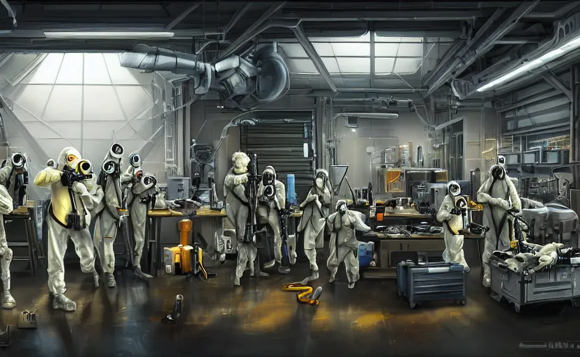 Image similar to epic scenic shot, highly detailed weapons laboratory, clean and organized, quantum technology, bright lights, warehouse, with anthropomorphic furry researchers in military uniforms and hazmat suits, carrying guns, tables, parts, gun scraps, windows, sci fi, Extremely detailed digital art, furry art, furaffinity, DeviantArt, HD artstation