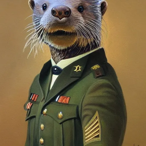 Prompt: oil painting of an anthropomorphic otter in military uniform, amazing detail, hyper realism,