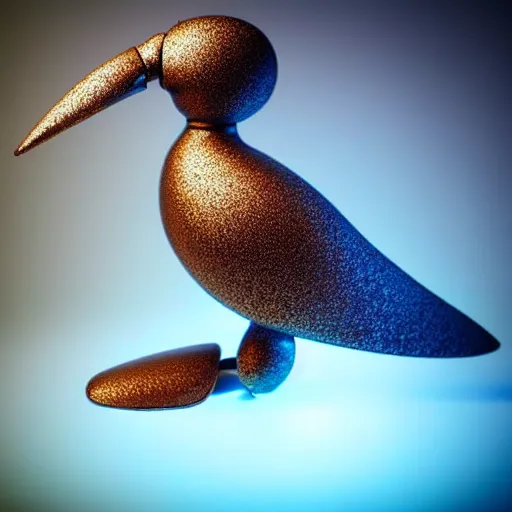 Image similar to beautiful artistic - wave highly detailed robotic bird, with head phones, by ben templesmith, dynamic lighting, gradient light blue, brown, blonde cream and white color scheme, grunge aesthetic