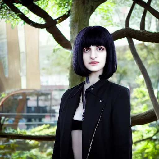 Image similar to 1 7 - year - old pale - skinned persian girl with black long bob cut, long bangs, black gothic jacket, black jeans, psychic girl, standing under treehouse in city plaza, urban plaza, treehouse hotel, large tree, ultra - realistic, sharp details, subsurface scattering, blue sunshine, intricate details, hd anime, 2 0 1 9 anime