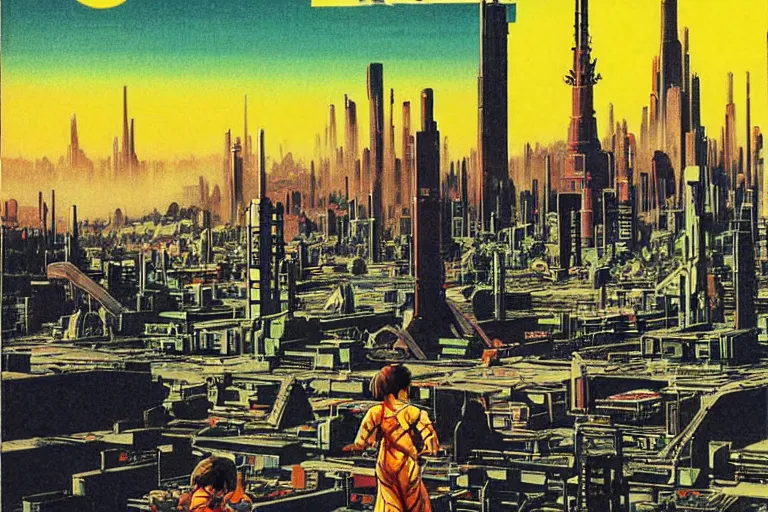 Prompt: 1979 OMNI Magazine Cover depicting a monestary overlooking Neo-Tokyo. Cyberpunk Akira style by Vincent Di Fate